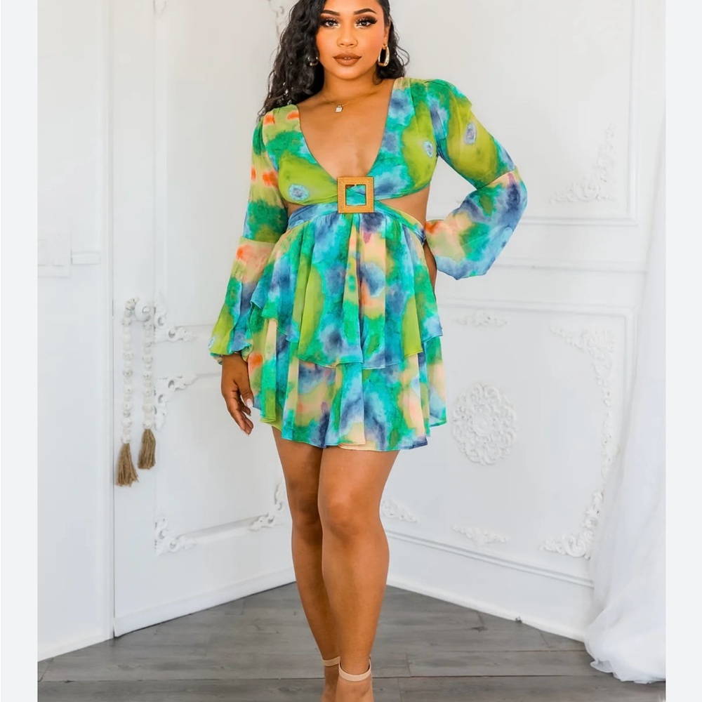Blue and Green Plunge Neck Long Sleeve Cocktail Dress
